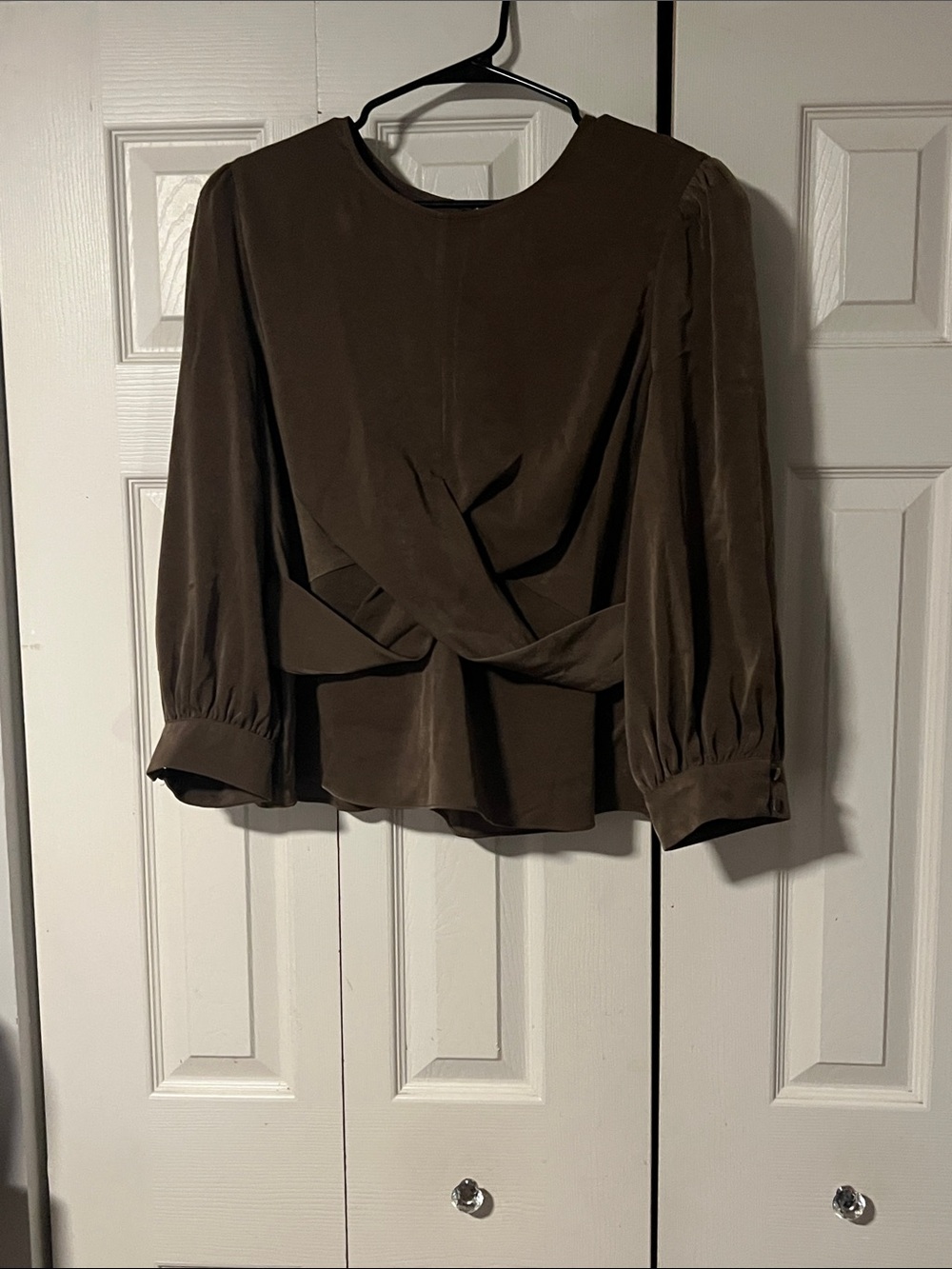 Express Chocolate Brown Draped Long-Sleeve Blouse
